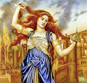 A classical painting of Cassandra. A woman with long red hair and a blue dress standing in front of a burning walled city.